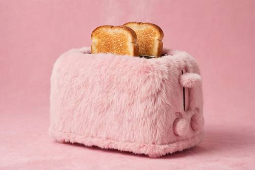 A toaster covered in soft pink fur, two slices of toast popping up. Three-quarter view, centered. Pink fur on a matching pink set. Funny and cozy. Material-swap still life: one familiar everyday object rendered hyper-real in a completely wrong material, keeping its exact shape, true-to-life texture of the new material, a seamless one-color studio set matching the object, soft studio light with a gentle shadow, centered, normal scale. Witty, clean and photorealistic.