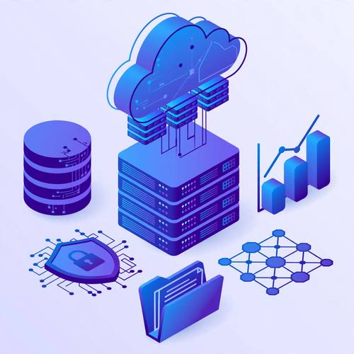 Isometric 3D cloud server and data icons, blue and violet gradients, clean tech illustration, soft ambient occlusion