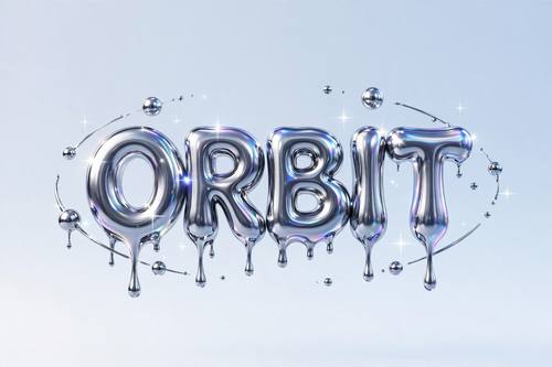 The word 'ORBIT' in bulging liquid-chrome letters dripping slightly at the bottom, floating in the center with small chrome droplets orbiting around it. Straight on, wide empty space on both sides. Silver with ice-blue and lilac glints. Shiny and nostalgic. Y2K chrome render: liquid-metal mirror chrome with smooth, melted, blobby curves, sharp white reflections and icy holographic blue tints in the reflections, small four-point sparkles and lens glints, set on a pale icy-blue to white gradient backdrop, crisp, glossy and centered. The early-2000s digital look.