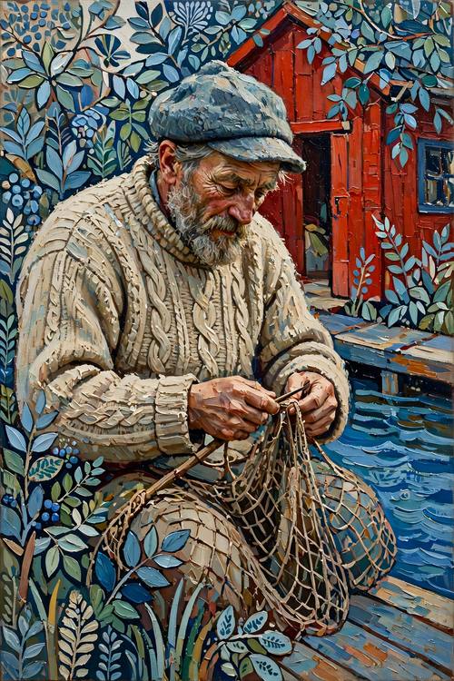 An old fisherman in a thick knit sweater mending a net on a dock beside a red boathouse. Three-quarter view with the figure filling the frame. Brick red, sea blue and oatmeal. Oil painting: thick, visible brushwork and canvas texture, flattened decorative space full of patterned surfaces and foliage, a bold complementary color clash, soft natural daylight, the feel of early-1900s decorative painting, intimate and warm. The painting fills the whole image edge to edge: no frame, no canvas edge, no wall.
