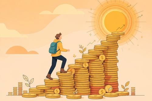 Conceptual illustration of financial growth, a person climbing stairs made of coins toward the sun, warm flat colors