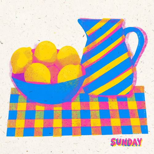 A still life of a bowl of lemons and a striped jug on a checkered tablecloth, the small word 'SUNDAY' in chunky capitals in the bottom corner. Slightly high angle, simple flat shapes. Sunflower yellow and bright blue with pink shadows. Lazy and cheerful. Risograph print: two or three flat spot inks (fluorescent pink, bright blue and sunflower yellow) that overprint into new colors where they overlap, each ink printed slightly off-register, coarse halftone dots and stippled grain, uneven ink coverage, uncoated off-white paper texture. Flat printed matter, no 3D, no photorealism.