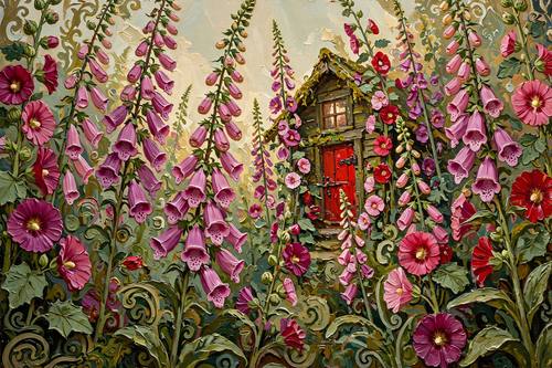 A garden of tall foxgloves and hollyhocks crowding around a small wooden cabin with a red door. Low view looking up through the flowers. Magenta, pink, moss green and red. Oil painting: thick, visible brushwork and canvas texture, flattened decorative space full of patterned surfaces and foliage, a bold complementary color clash, soft natural daylight, the feel of early-1900s decorative painting, intimate and warm. The painting fills the whole image edge to edge: no frame, no canvas edge, no wall.
