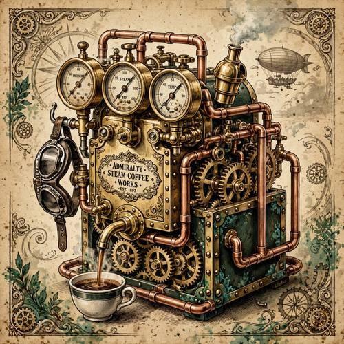 A brass coffee machine with gauges, copper pipes and a steam whistle, a cup filling under its spout. Three-quarter view, centered. Brass, copper and dark green. Inventive. Steampunk illustration: polished brass gears, pressure gauges, copper pipes, rivets, goggles and an airship silhouette, sepia parchment tones with verdigris green, a Victorian display serif with small ornaments for any words, detailed engraved line work with soft painted shading. Inventive, adventurous and Victorian.