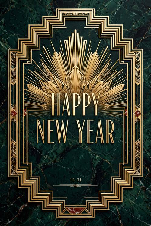 A New Year's Eve party invitation: a gold sunburst fan rising behind the words 'HAPPY NEW YEAR' in tall thin capitals, a stepped arch frame and the small line '12.31' below. Symmetrical, straight on. Emerald, black and gold. Glamorous. Neo Deco design: Art Deco geometry made modern, fan and sunburst motifs, stepped arches, thin gold double rules, strict symmetry, tall thin Deco capital letters, deep emerald, black, brass gold and ivory with touches of red marble, polished brass and marble textures. Crisp and luxurious.
