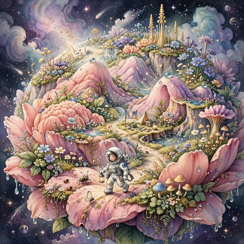 A tiny astronaut exploring a giant blooming flower planet, miniature scale, whimsical surreal illustration