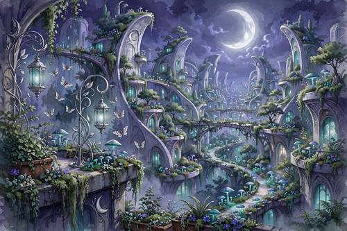 A moonlit city of curved towers covered in roof gardens, glowing mushrooms along the paths, moths around silver lanterns, a big crescent moon. Wide view from a rooftop. Violet, silver and teal glow. Peaceful. Lunarpunk illustration: a moonlit eco-city with roof gardens and hanging plants, softly glowing fungi, moths and crescent moons, silver moonlight, violet, ink black, silver and teal glow, art-nouveau arches, an airy serif for any words, a soft painterly finish. Calm, magical and hopeful at night.