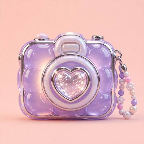 A compact camera with a sparkly heart-shaped lens and a beaded wrist strap. Lavender jelly body, chrome trim, soft peach backdrop. Y2K kitsch 3D render: translucent jelly-like pastel resin with a soft inner glow, polished chrome and pearlescent accents, puffy inflated details, crisp specular highlights under soft top light, one soft tinted contact shadow, flat seamless backdrop, centered near-frontal view.