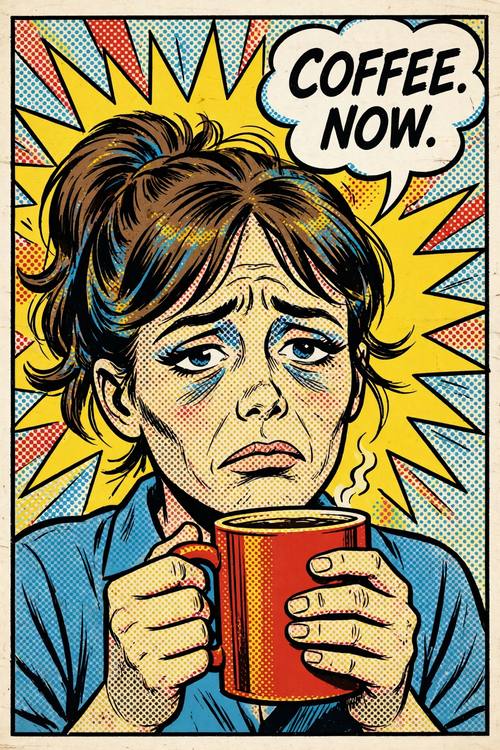A comic panel of a tired woman clutching a coffee mug with both hands, a speech bubble reading 'COFFEE. NOW.', dot-shaded skin and a starburst behind her. Close-up, slightly from below. Yellow, red, sky blue and black. Funny and dramatic. 1960s pop-art comic print: bold flat primary red, yellow and blue with thick black ink outlines, Ben-Day halftone dot shading, comic speech bubbles and jagged starburst shapes, punchy hand-drawn comic lettering, slightly off-register printing on comic-book paper. Flat print, no 3D, no photorealism.