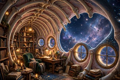 A cozy library inside a giant whale floating through a starry sky, warm glowing windows, dreamlike surreal scene