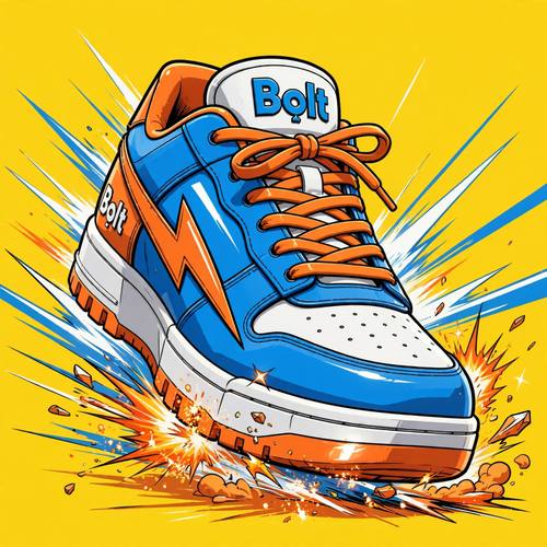 A sneaker called 'Bolt' bursting forward with speed lines and impact sparks, a lightning-bolt stripe on its side. Low three-quarter angle, centered. Electric blue, orange and white on a yellow backdrop. Fast and loud. Toon-shaded 3D render: clean 3D shapes lit with only two or three flat shading bands, crisp black ink outlines around every form, one sharp anime-style highlight on glossy parts, flat saturated colors, a few speed lines or impact sparks, a plain flat color backdrop. Bold, energetic and graphic; not soft clay, not photorealistic.