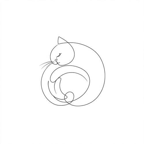 One-line abstract drawing of a cat curled asleep, playful minimal black line, plenty of white space