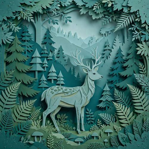 Layered paper cut art of a deep forest with a deer, stacked paper depth and soft shadows, teal and green tones, craft aesthetic