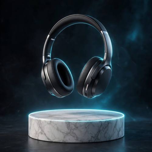 Sleek wireless headphones floating above a marble pedestal with soft neon rim light, high-end product render