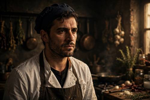 Cinematic portrait of a chef in a moody kitchen, dramatic Rembrandt lighting, warm tones, film still quality