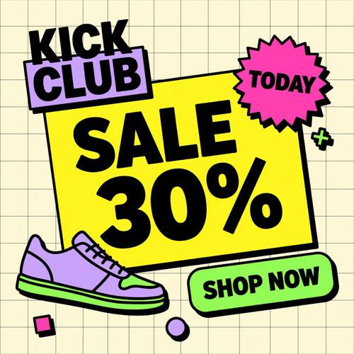 A sale post for a sneaker shop called 'Kick Club': a big tilted yellow card reading 'SALE 30%' in heavy type, a hot pink sticker badge reading 'TODAY', a chunky lime button reading 'SHOP NOW', and a flat sneaker drawing. Straight on, slightly tilted cards. Yellow, hot pink, lime and black on cream. Loud and fun. Neo-brutalist web graphic: flat bright blocks in lemon yellow, hot pink, lilac and lime, every shape, card and button outlined in thick solid black, hard offset black drop shadows with no blur, chunky rounded buttons and sticker badges, a bold heavy black sans-serif, a cream background with a faint grid. Flat vector, no gradients, no soft shadows, no 3D.