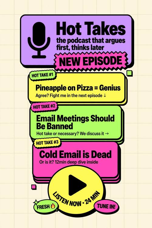 A phone story for a podcast called 'Hot Takes': stacked cards with a lilac title card, a flat microphone icon, a hot pink tag reading 'NEW EPISODE' and a big round play button. Straight on, cards stacked down the screen. Lilac, hot pink, lemon and black on cream. Bold and chatty. Neo-brutalist web graphic: flat bright blocks in lemon yellow, hot pink, lilac and lime, every shape, card and button outlined in thick solid black, hard offset black drop shadows with no blur, chunky rounded buttons and sticker badges, a bold heavy black sans-serif, a cream background with a faint grid. Flat vector, no gradients, no soft shadows, no 3D.