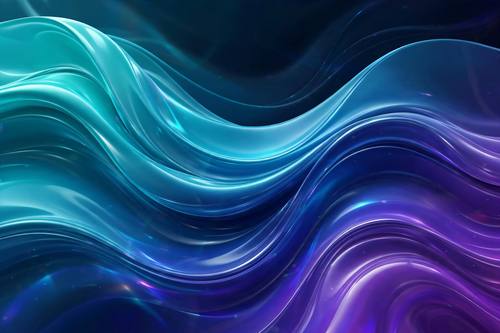 Flowing liquid gradient waves in teal, blue and violet, glossy and smooth, abstract tech hero background