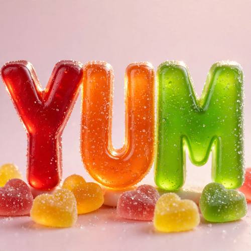 The word 'YUM' spelled in chunky gummy letters, each a different candy color, sugar sparkling on top, a few gummy hearts at their feet. Straight on, close. Cherry red, orange and lime on a pale pink backdrop. Sweet and squishy. Gummy candy macro photo: see-through, wobbly shapes and letters made of translucent gummy candy, a light coating of sugar crystals, glowing where light passes through, rich candy red, orange, lime green and yellow, backlit studio light with bright glossy highlights, a plain pastel backdrop. Sweet and squishy, not matte clay, not balloon.