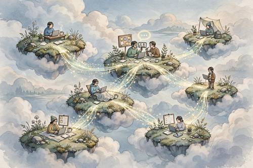 Editorial illustration of remote work and connection, tiny people on floating islands linked by bridges of light, calm palette