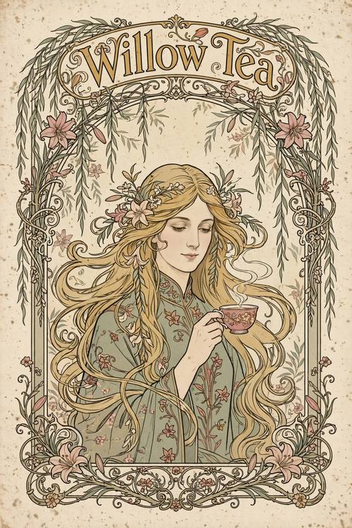 A poster for a tea house called 'Willow Tea': a woman with long flowing hair holding a teacup, framed by an arch of willow branches and lilies, the name hand-lettered across the top. Centered, framed portrait. Sage, mustard gold and dusty rose. Graceful and calm. Art nouveau illustration: flowing whiplash curves in fine dark outlines, an ornamental arched frame of botanical curves, lilies, vines and long flowing tendrils, flat muted colors in sage, mustard gold, dusty rose and cream, a decorative curvy hand-lettered title in a 1900s style, aged lithograph paper. Elegant poster art, no photorealism.