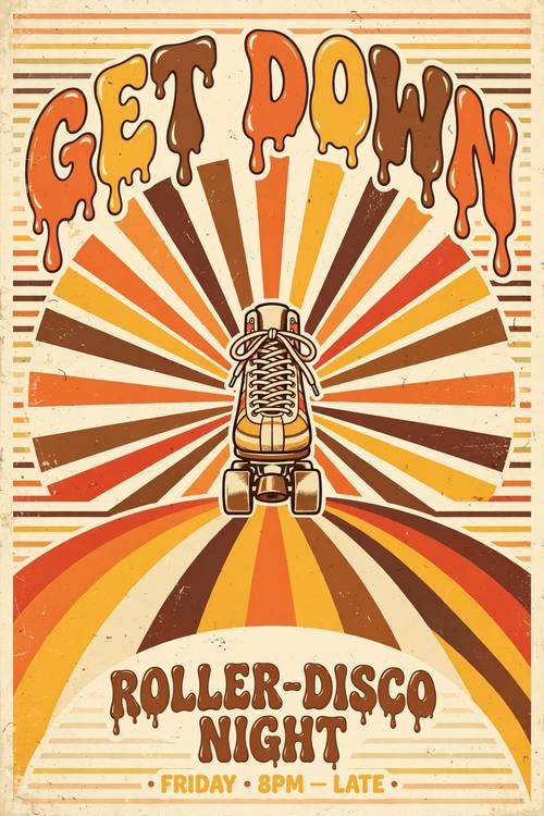 A poster for a roller-disco night: a single roller skate rolling out of a big sunburst, the melting headline 'GET DOWN' arched across the top, rainbow stripes sweeping along the bottom. Straight on, the skate centered. Tangerine, mustard and brown stripes on cream. Upbeat and funky. Groovy 1970s graphic: wavy, melting, rounded bubble lettering with thick soft curves, concentric rainbow stripes, arches and sunbursts in warm orange, mustard, chocolate brown and cream, flat screen-printed color with slightly faded ink and a light paper grain, smooth flowing shapes. Flat print, no gradients, no 3D, no photorealism.