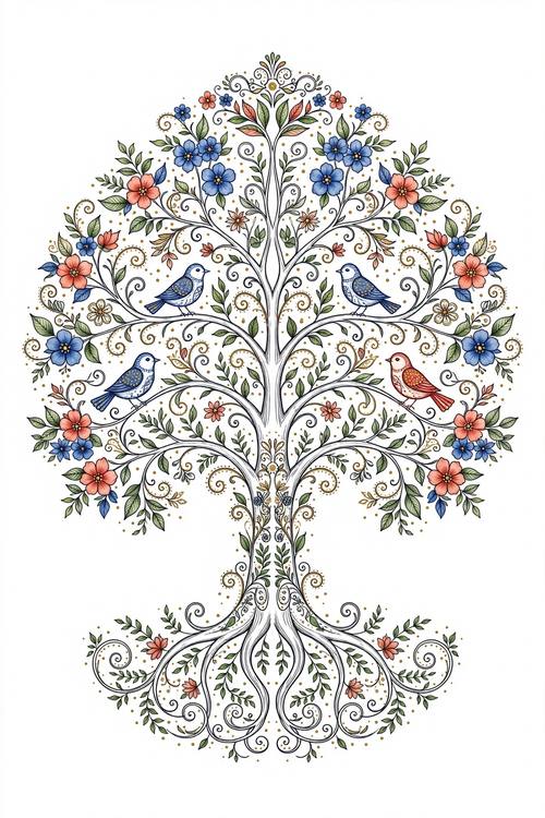 A tree of life with birds perched in its blossoming branches, perfectly symmetrical. Cobalt, coral, leaf green and gold. Decorative folk-art illustration: delicate ink outlines, smooth watercolor-style fills with soft shading, forms filled with ornamental flowers, leaves and curling filigree, a scatter of tiny gold dots, crisp clean edges, detailed but uncluttered, set alone on plain white with no smudges or splatter.