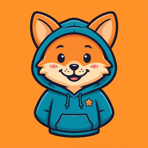 Friendly fox mascot wearing a hoodie, flat vector illustration, bold outlines, cheerful expression, simple brand character on a solid background