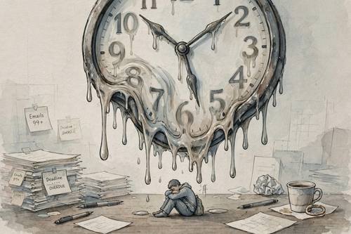Editorial illustration of workplace burnout, a tiny person under a heavy melting clock, muted palette, conceptual, blog header style