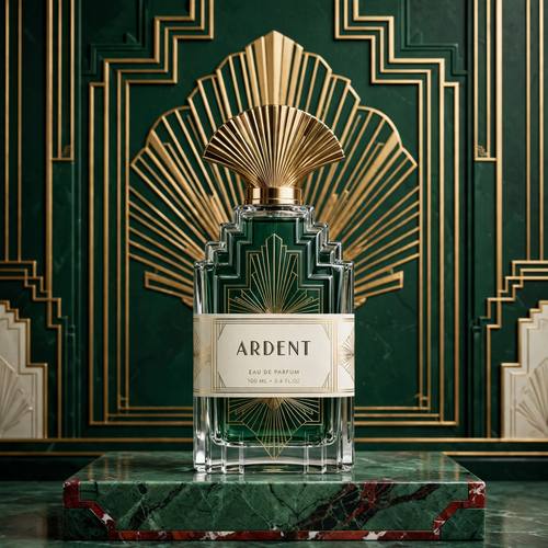 A fragrance called 'Ardent': a stepped Deco glass bottle with a brass fan-shaped cap on a green marble plinth, a gold fan motif on the wall behind. Eye-level product shot, centered. Emerald, brass and ivory. Luxurious. Neo Deco design: Art Deco geometry made modern, fan and sunburst motifs, stepped arches, thin gold double rules, strict symmetry, tall thin Deco capital letters, deep emerald, black, brass gold and ivory with touches of red marble, polished brass and marble textures. Crisp and luxurious.