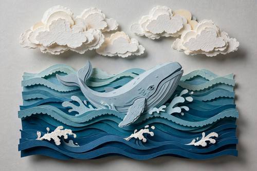 Papercraft ocean scene with layered paper waves, a whale and paper clouds, cut-paper texture, soft studio shadows