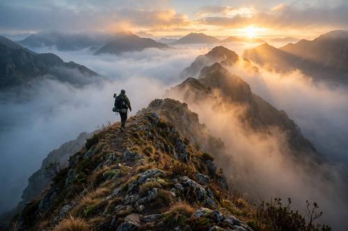 Lone traveler on a misty mountain ridge at sunrise, cinematic wide shot, golden light, epic atmospheric mood