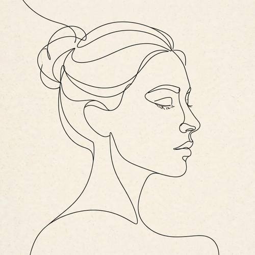 Single continuous line drawing of a woman's face, elegant minimal black line on cream, modern gallery poster style