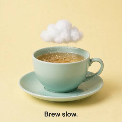 A small fluffy cloud sitting in a teacup on a saucer, raining gently into the tea, the line 'Brew slow.' at the bottom. Eye level, centered. White and mint on a soft yellow backdrop. Whimsical. Silly surreal photo: an absurd mix of scale or objects shown completely deadpan, crisp clean studio light, smooth real materials, a bright flat seamless color backdrop, soft simple shadows, a minimal composition with one short line in a bold sans-serif. Witty, clean and photorealistic.