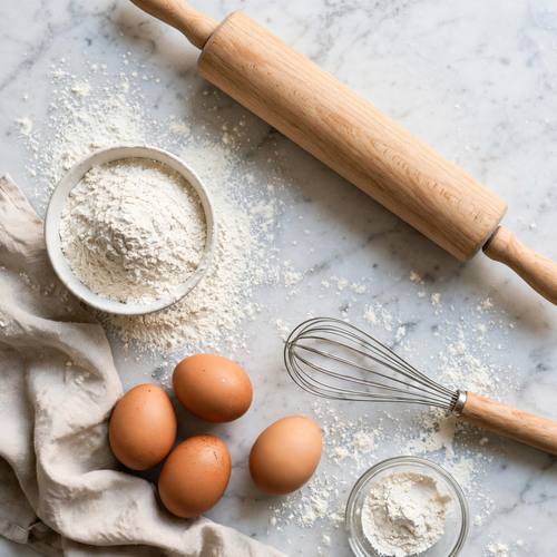 Top-down flat lay of baking ingredients, flour, eggs, whisk and rolling pin on a marble counter, bright airy kitchen light