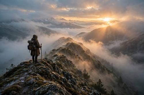 Lone traveler on a misty mountain ridge at sunrise, cinematic wide shot, golden light, epic atmospheric mood