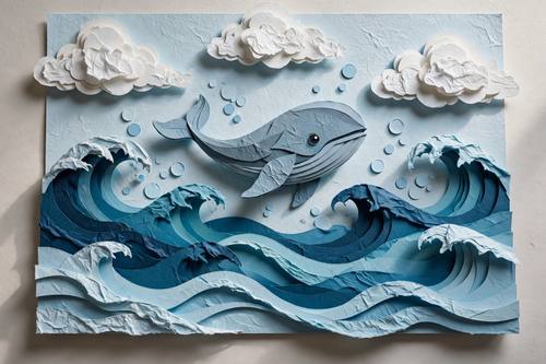 Papercraft ocean scene with layered paper waves, a whale and paper clouds, cut-paper texture, soft studio shadows