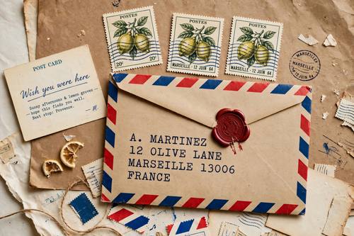 A flat lay of an airmail envelope with a red-and-blue chevron border, three stamps showing lemons, a postcard reading 'Wish you were here' and a red wax seal. Overhead, gently scattered. Kraft, cream, red and blue. Nostalgic. Airmail and postage design: perforated stamp frames with small engraved illustrations, round postmarks and wavy cancellation lines, red and blue airmail chevron borders, red wax seals, kraft and cream paper, small vintage serif and typewriter lettering, flat objects photographed from above with soft shadows. Nostalgic, tactile and well traveled.
