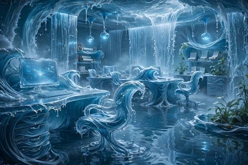 An office made entirely of flowing water, desks and chairs formed from waves, surreal, ethereal blue light