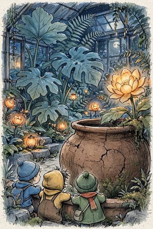 Children exploring a moonlit greenhouse full of giant leaves and glowing flowers, peeking around a huge clay pot. Wide framing from behind the children. Cool moonlight blues with warm glowing blossoms. Picture-book illustration: loose, lively pencil and ink linework with light hatching, muted color washes laid over the drawing, one warm glowing light that draws the eye, big-eyed characters with simple rounded proportions, soft paper grain.