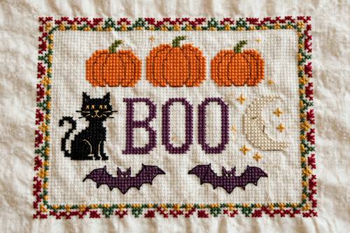 A Halloween sampler: a row of pumpkins, a black cat, bats and a crescent moon, the stitched word 'BOO' in the center. Flat, straight on. Orange, black, plum and cream thread. Cozy and spooky. Cozy cross-stitch embroidery: every shape stitched from tiny X stitches on cream even-weave cotton with a visible fabric grid, thread texture and slight puckering, a simple embroidered border, cream, cranberry red, forest green and mustard thread, photographed flat and close in soft daylight. Handmade, warm and nostalgic.