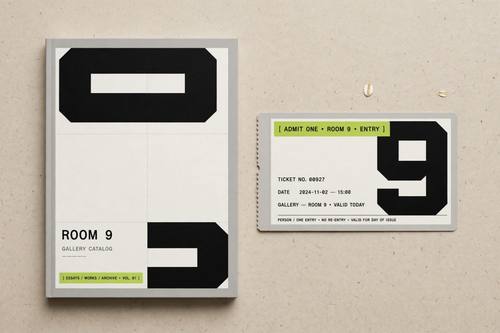 A book cover and a ticket card for a gallery called 'Room 9' laid side by side, oversized black numerals cropped at the edges and a lime green label with monospace text. Overhead view on an oat-colored surface. Oat, soft gray, black and lime. Editorial and minimal. Soft brutalist graphic design: a clean neutral palette of bone white, oat and soft gray with one hot accent color, oversized raw blocky black grotesk type cropped at the edges, small monospace labels, a strict grid with editorial spacing, flat printed matter photographed straight on. Soft palette, hard structure.