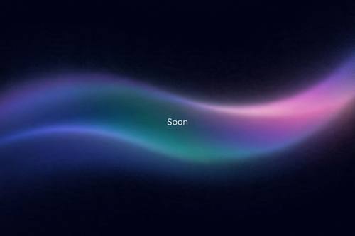 A launch slide with the single small word 'Soon' in the center, a glowing aurora wave arching behind it from left to right. Wide, centered, lots of dark space. Deep blue, teal and pink. Calm and anticipating. Aurora gradient art: soft glowing mesh gradients of violet, teal, magenta and deep blue flowing like northern lights across a near-black background, smooth luminous color with no hard edges, a faint fine grain, any text small, crisp, white and sans-serif, lots of breathing space. Digital, calm and glowing.
