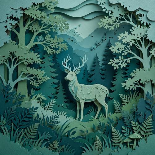 Layered paper cut art of a deep forest with a deer, stacked paper depth and soft shadows, teal and green tones, craft aesthetic