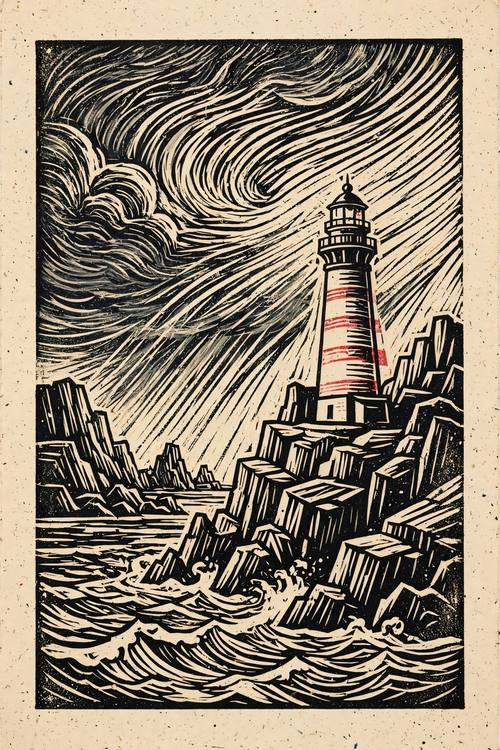 A lighthouse on rocky cliffs with a storm rolling in, rays of carved lines sweeping across the sky. Accent color: faded red on the lighthouse stripes. Hand-carved linocut block print: bold simplified shapes, visible gouge marks and parallel carving lines, black ink on warm cream paper, slightly uneven ink with tiny speckles, any accent color printed a hair off-register.