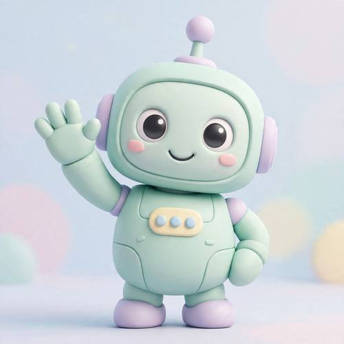 Cute robot mascot with round eyes waving, soft 3D render, pastel colors, approachable tech brand character