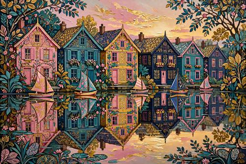 A harbor at sunrise with small sailboats and a row of painted wooden houses reflected in still water. Wide, calm composition. Pink, gold, teal and navy. Oil painting: thick, visible brushwork and canvas texture, flattened decorative space full of patterned surfaces and foliage, a bold complementary color clash, soft natural daylight, the feel of early-1900s decorative painting, intimate and warm. The painting fills the whole image edge to edge: no frame, no canvas edge, no wall.
