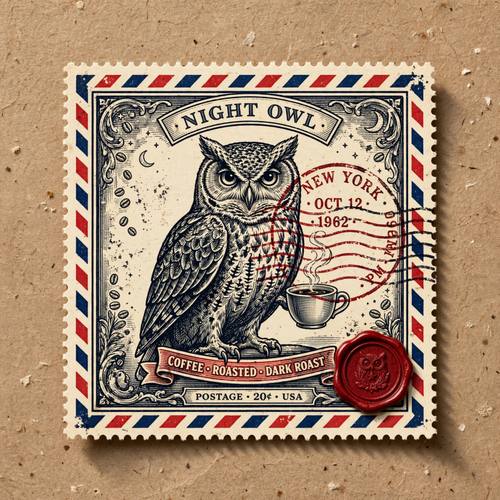 One large postage stamp for a coffee brand called 'Night Owl': an engraved owl holding a coffee cup, a round postmark half overlapping it, wavy cancellation lines. Straight on, the stamp filling most of the frame. Navy, red and cream. Charming. Airmail and postage design: perforated stamp frames with small engraved illustrations, round postmarks and wavy cancellation lines, red and blue airmail chevron borders, red wax seals, kraft and cream paper, small vintage serif and typewriter lettering, flat objects photographed from above with soft shadows. Nostalgic, tactile and well traveled.