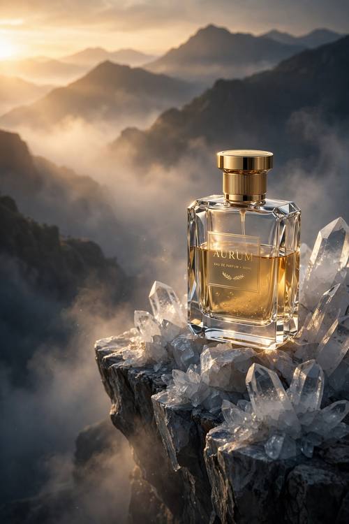 Luxury perfume bottle on a crystal cliff at golden hour, cinematic product photography, dramatic light, mist, premium mood