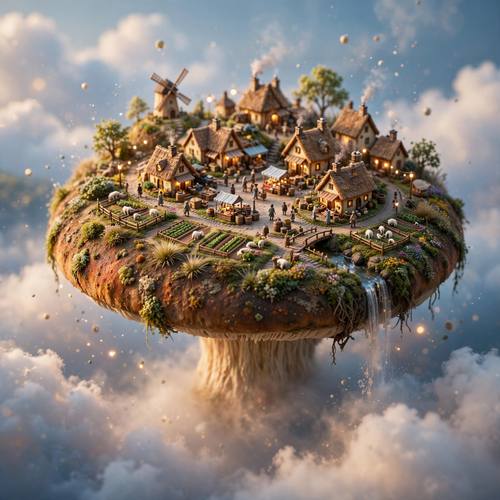 Tiny tilt-shift world of a bustling village built on a floating mushroom island, miniature diorama, soft focus, magical